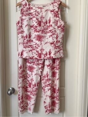 Pendleton Toile Print Linen Blend Set Size 10 Red White Top & Pants Matching